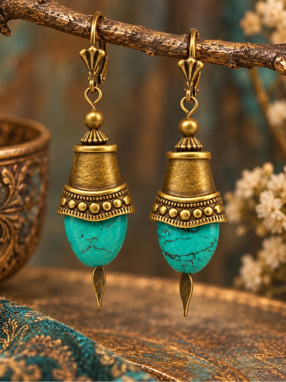 Handmade Turquoise Boho Antique Bronze Dangle Earrings